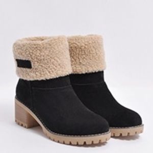 Black Winter Women Warm Chunky Heel Short SnowBoot